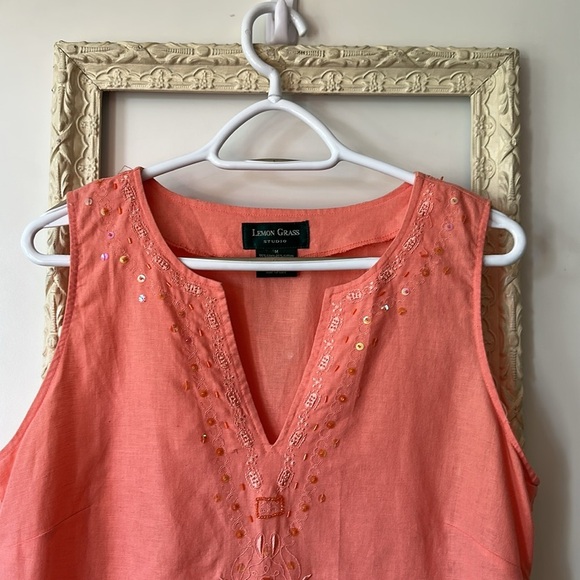 LEMON GRASS | Beaded and Embroidery Pink Sleeveless Linen Cotton Tank Top - Picture 1 of 11